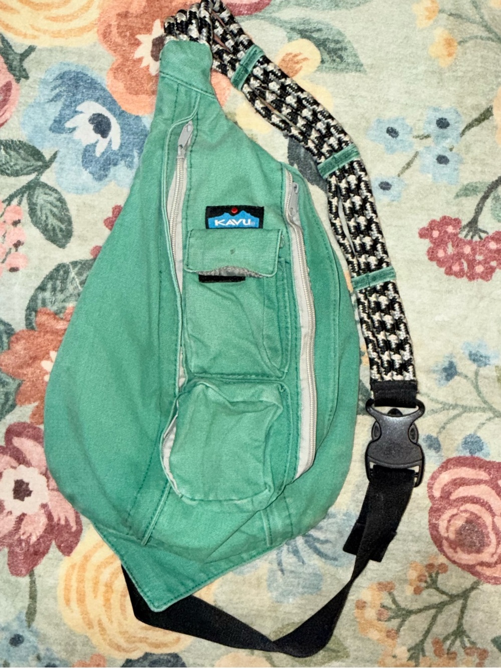 Kavu Teal Green Sling Bag with Patterned Strap